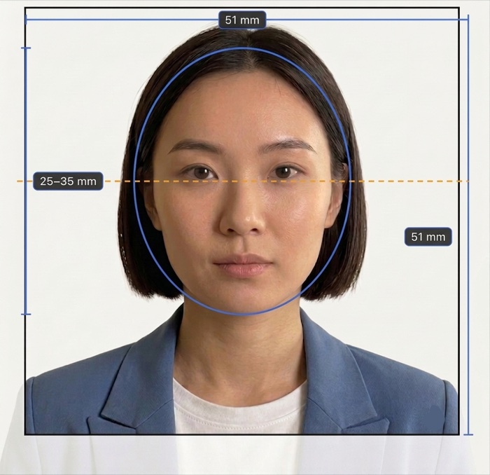 Example cropped US passport photo with head-height measurement guide overlay